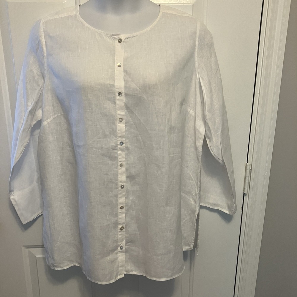 Tahari 100% Linen White Tunic 1X XL Button Up Long Sleeve Beachy Coastal Shirt
